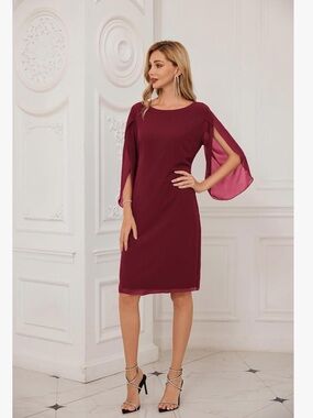 Grace Karin Burgundy Midi Dress with Split Draped Sleeves Size XL